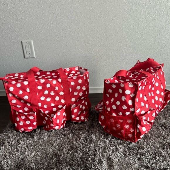 Thirty One Zip-Top Organizing Utility Tote Bag Red/White Swirl Dot “joy” - EUC - Picture 2 of 7